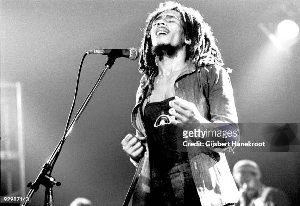 Bob Marley performs live on stage with the Wailers in Voorburg, Holland in 1976