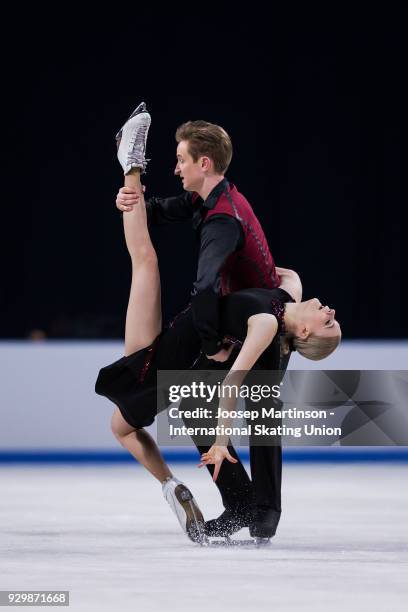 Anastasia Skoptcova and Kirill Aleshin of Russia compete in the Junior Ice Dance Free Dance during the World Junior Figure Skating Championships at...