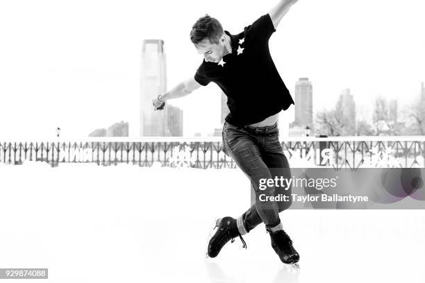 Portrait of Team USA Adam Rippon posing on the ice during photo shoot at The Rink at Brookfield Place. Rippon won a bronze medal in the Team event at...