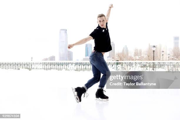 Portrait of Team USA Adam Rippon posing on the ice during photo shoot at The Rink at Brookfield Place. Rippon won a bronze medal in the Team event at...