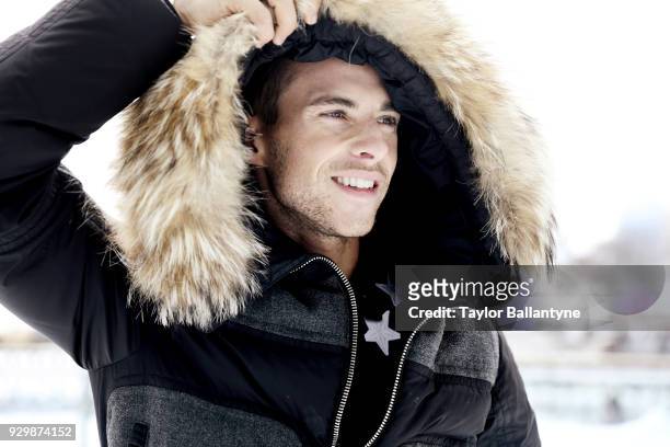 Closeup portrait of Team USA Adam Rippon posing during photo shoot at The Rink at Brookfield Place. Rippon won a bronze medal in the Team event at...