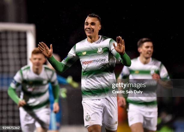 Dublin , Ireland - 9 March 2018; Graham Burke of Shamrock Rovers celebrates after scoring his third and his side's fifth goal during the SSE...