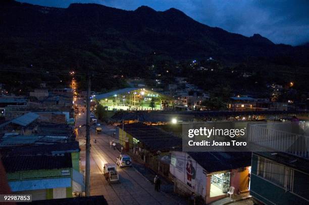 View of the town of Muzo at night on May 5, 2009 in Muzo, Boyaca, Colombia.Colombia produces 55% of the world's emerald market. These prized gems,...