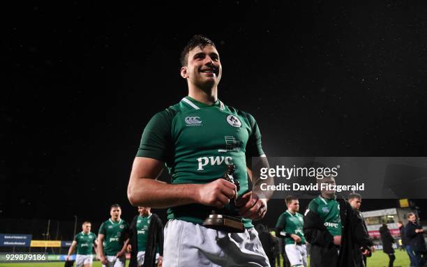 Dublin , Ireland - 9 March 2018; Jack O'Sullivan of Ireland leaves the field with his man of the match award following his side's victory in the U20...