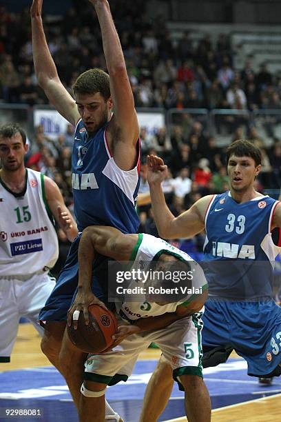 Mirza Begic, #15 and Marcus Brown, #5 of Zalgiris competes with Luksa Andric, #12 and Marko Tomas, #33 of Cibona competes with in action during the...