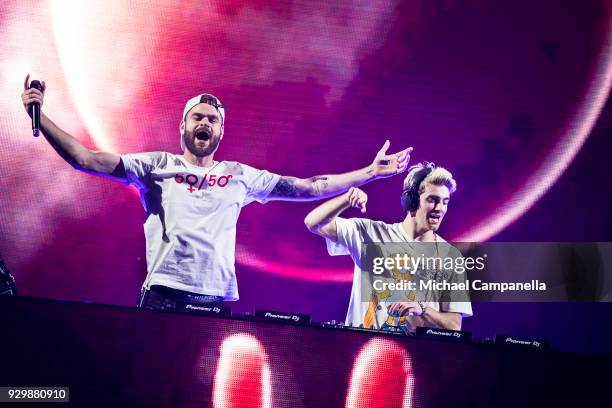 Alex Pall and Andrew Taggart of the American DJ duo The Chainsmokers perform in concert at Tele2 Arena on March 9, 2018 in Stockholm, Sweden.