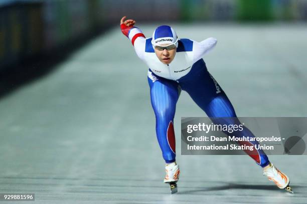 Yuliya Skokova of Russia competes in the 3000m Ladies race during the World Allround Speed Skating Championships at the Olympic Stadium on March 9,...