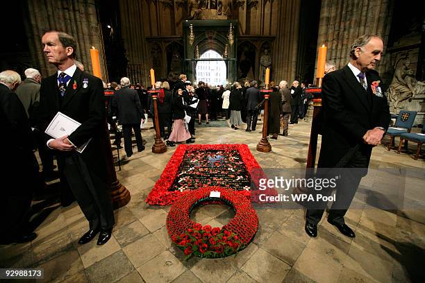 Wreath with a note reading 'In Memory Of The Glorious Dead - Elizabeth R and Philip', lies on the Tomb of the Unknown Soldier following a memorial...