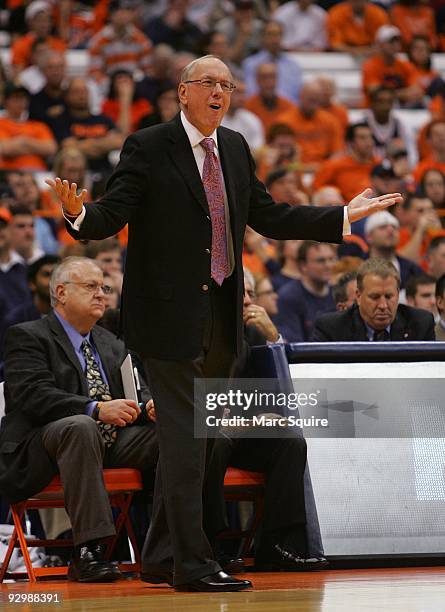 Coach Jim Boeheim of the Syracuse Orange argues a call during the game against the Albany Great Danes on November 9, 2009 at the Carrier Dome in...