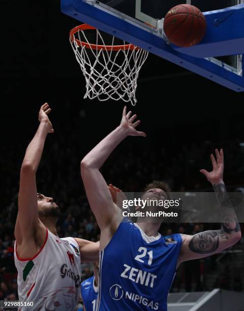 Riccardo Cervi of Grissin Bon Reggio Emilia and Shayne Whittington of Zenit St. Petersburg vie for the ball during the EuroCup Quarterfinals Round 2...