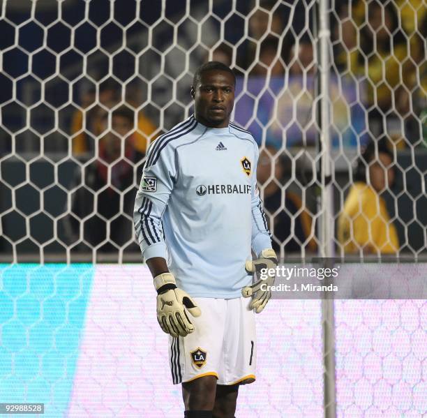 Goalkeeper Donovan Ricketts of the Los Angeles Galaxy watches his team move the ball toward the Chivas USA goal area at The Home Depot Center on...