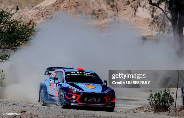 Spanish Dani Sordo steers his Hyundai i20 Coupe WRC with co-driver Carlos Del Barrio, during the first day of the 2018 FIA World Rally Championship...