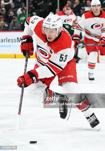 Carolina Hurricanes Left Wing Jeff Skinner skates with the puck during a NHL game between the Minnesota Wild and Carolina Hurricanes on March 6, 2018...
