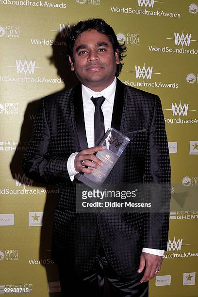 Rahman poses with his award for best original song written for film on October 17, 2009 in Ghent, Belgium.