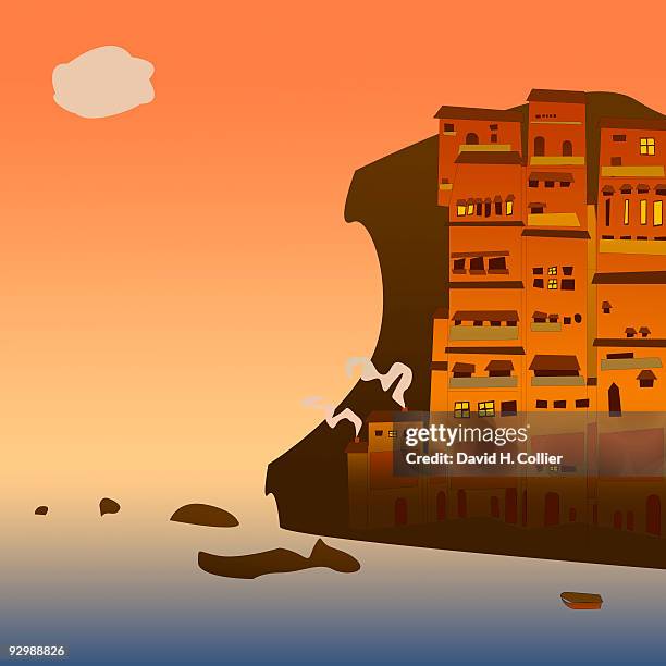 cinque terre in italy at sunset - building cloud reflection stock illustrations
