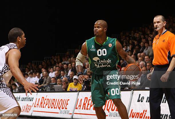 Omar Cook, #00 of Unicaja in action during the Euroleague Basketball Regular Season 2009-2010 Game Day 4 between Entente Orleanaise Loiret vs Unicaja...