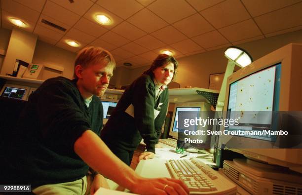 Astronomer Johan Fynbo from Denmark, and Vanessa Doublier, from France, in the control centre of the Very Large Telescope in the Atacama desert,...
