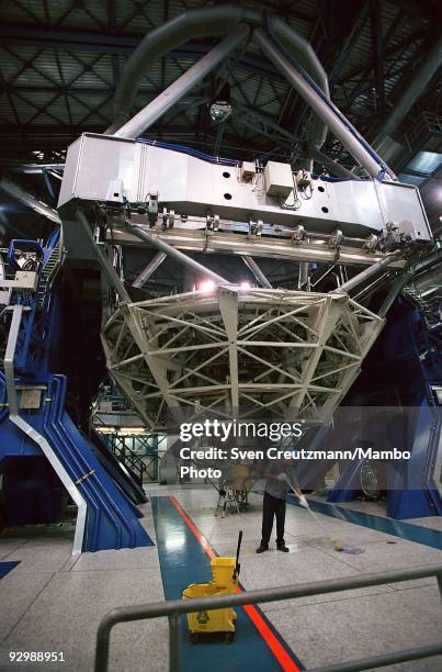 Worker cleans the floor at one of the four telescopes of the Very Large Telescope in the Atacama desert on October 26 in Paranal, Chile. The VLT...