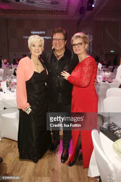 Birgit Lechtermann, Francis Fulton-Smith and Andrea Spatzek attend the Gloria - Deutscher Kosmetikpreis at Hilton Hotel on March 9, 2018 in...