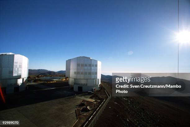 Two of the four telescopes of the Very Large Telescope in the Atacama desert on October 26 in Paranal, Chile. The VLT Observatory comprises, among...