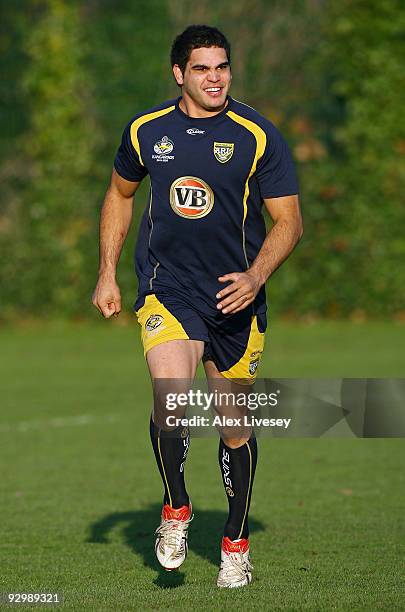 Greg Inglis of the VB Kangaroos Australian Rugby League team during the VB Kangaroos training session held at Leeds Academy on November 11, 2009 in...