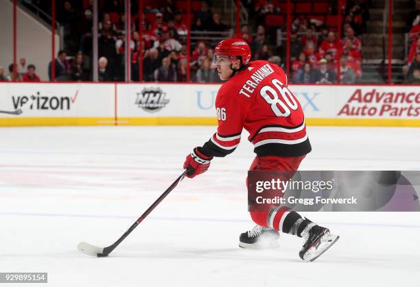 Teuvo Teravainen of the Carolina Hurricanes controls the puck on the ice during an NHL game against the Winnipeg Jets on March 4, 2018 at PNC Arena...
