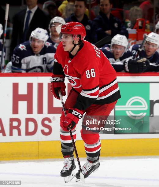 Teuvo Teravainen of the Carolina Hurricanes skates for position on the ice during an NHL game against the Winnipeg Jets on March 4, 2018 at PNC Arena...