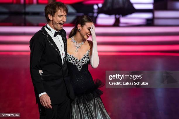 Ekaterina Leonova reacts after knowing to dance with Ingolf Lueck on stage during the pre-show 'Wer tanzt mit wem? Die grosse Kennenlernshow' of the...