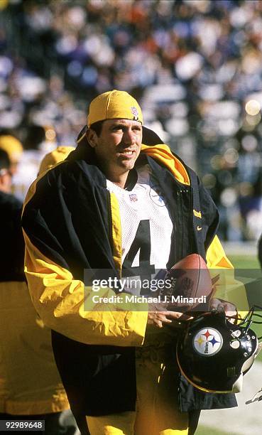 Punter Josh Miller of the Pittsburg Steelers studies the field before he is called upon to punt at PSINet Ravens Stadium on October 29, 2000 in...