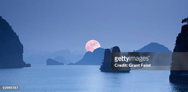 moonrise over halong bay, at dusk - baie d'halong photos et images de collection