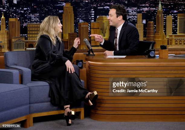 Drew Barrymore and host Jimmy Fallon during a segment on the "The Tonight Show Starring Jimmy Fallon" at Rockefeller Center on March 8, 2018 in New...