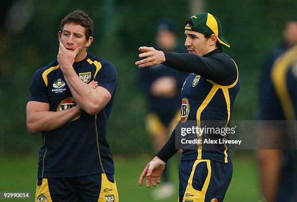 Kurt Gidley and Billy Slater of the VB Kangaroos Australian Rugby League team talk during the VB Kangaroos training session held at Leeds Academy on...