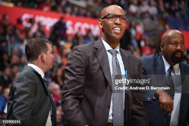 Assistant Coach Sam Cassell of the LA Clippers looks on during the game against the New Orleans Pelicans on March 6, 2018 at STAPLES Center in Los...