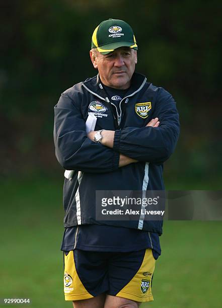 Tim Sheens the coach of the VB Kangaroos Australian Rugby League looks on during the VB Kangaroos training session held at Leeds Academy on November...