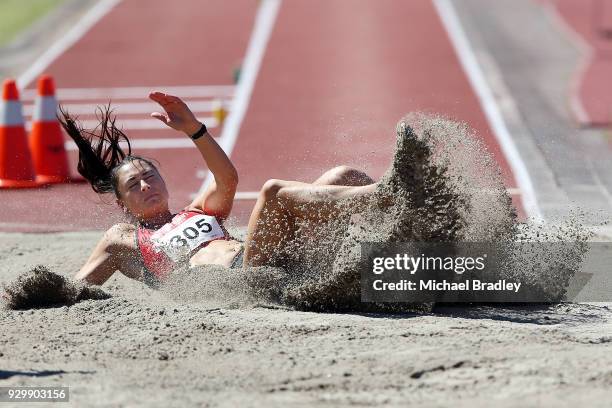 Kelsey Berryman from Canterbury competes in the Womens Long Jump during the New Zealand Track & Field Championships on March 10, 2018 in Hamilton,...