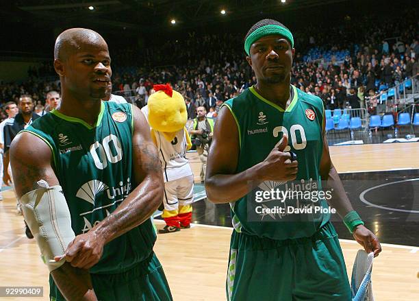 Omar Cook, #00 of Unicaja and Shammond Williams, #20 of Unicaja in action during the Euroleague Basketball Regular Season 2009-2010 Game Day 4...