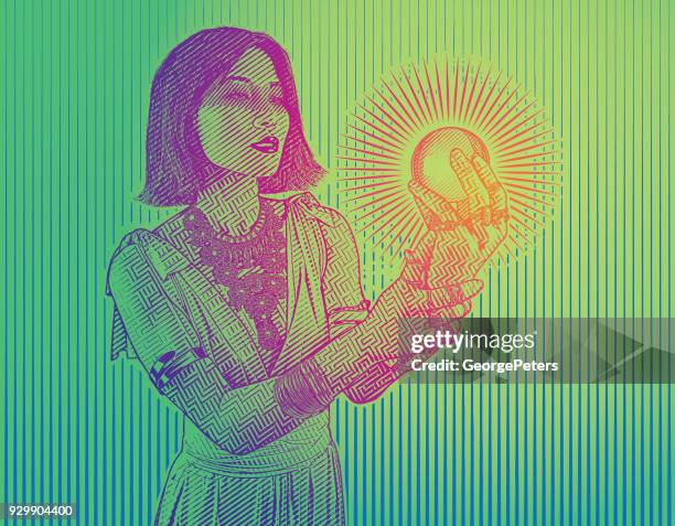 beautiful woman fortune teller holding crystal ball - 30 year old pretty woman stock illustrations