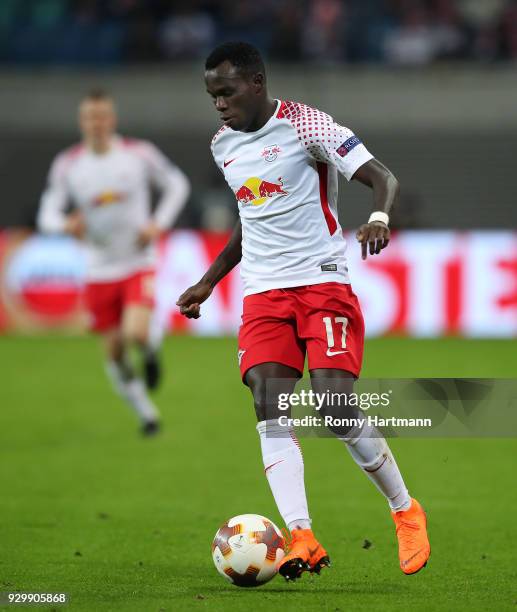 Bruma of RB Leipzig runs with the ball during the UEFA Europa League Round of 16 match between RB Leipzig and Zenit St Petersburg at the Red Bull...
