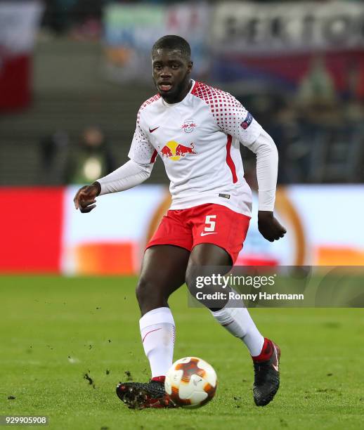 Dayot Upamecano of RB Leipzig runs with the ball during the UEFA Europa League Round of 16 match between RB Leipzig and Zenit St Petersburg at the...