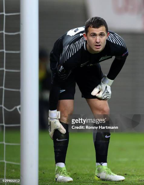 Goalkeeper Andrei Lunev of FC Zenit Saint Petersburg looks on during the UEFA Europa League Round of 16 match between RB Leipzig and Zenit St...