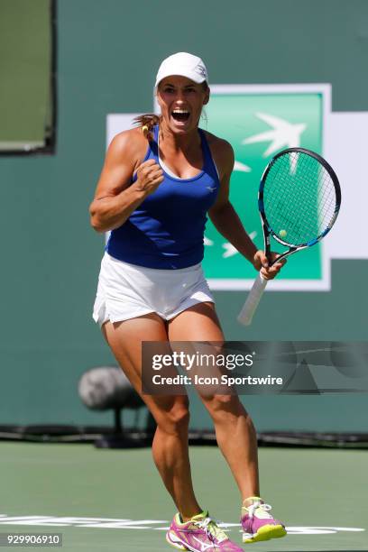 Yulia Putintseva reacts after winning the first set during the first round of the BNP Paribas Open against Petra Kvitova on March 09 at the Indian...