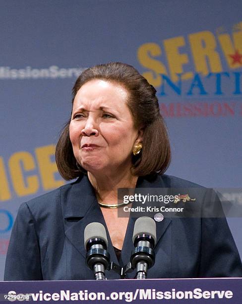 Alma Powell speaks during the ServiceNation launch of "MISSION SERVE: Forging A Continuum Of Service" at George Washington University on November 11,...