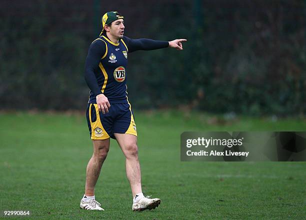 Billy Slater of the VB Kangaroos Australian Rugby League team during the VB Kangaroos training session held at Leeds Academy on November 11, 2009 in...