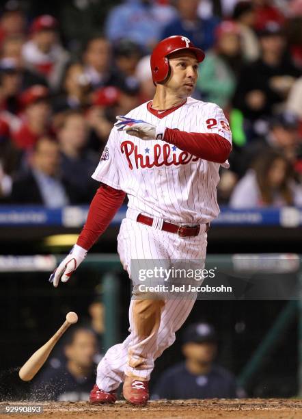 Raul Ibanez of the Philadelphia Phillies hits a RBI single in the bottom of the third inning against the New York Yankees in Game Five of the 2009...