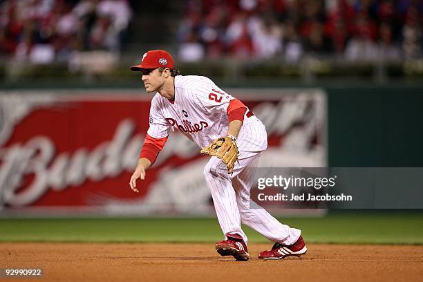 Chase Utley of the Philadelphia Phillies readies on defense at second base against the New York Yankees in Game Five of the 2009 MLB World Series at...