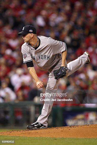 Starting pitcher A.J. Burnett of the New York Yankees throws a pitch against the Philadelphia Phillies in Game Five of the 2009 MLB World Series at...