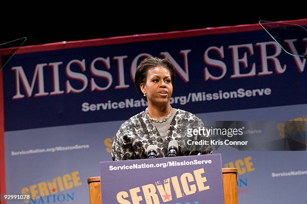 First lady Michelle Obama speaks during the ServiceNation launch of "MISSION SERVE: Forging A Continuum Of Service" at George Washington University...