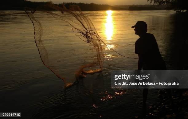 fisherman at sunset - magdalena river ストックフォトと画像