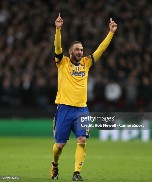 Gonzalo Higuain of Juventus celebrates during the UEFA Champions League Round of 16 Second Leg match between Tottenham Hotspur and Juventus at...