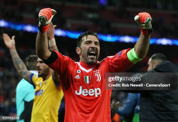 Gianluigi Buffon of Juventus celebrates at the end of the game during the UEFA Champions League Round of 16 Second Leg match between Tottenham...